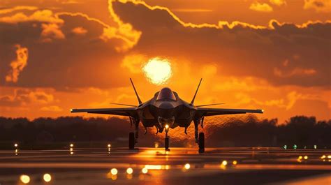 F-22 Raptor taking off from RAF Lakenheath with full afterburner glow at sunset