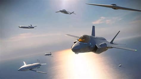 f-35 and unmanned combat drones flying together during mock ngad operation