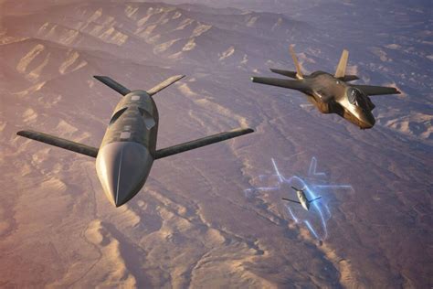 F-35 stealth fighter leading autonomous loyal wingman drones in networked air combat formation