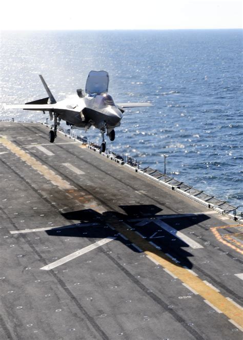 F-35B performing vertical landing on USS America (LHA-6), showcasing STOVL capability, 2021