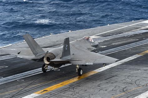 F-35C tailhook catching arresting wire during carrier landing