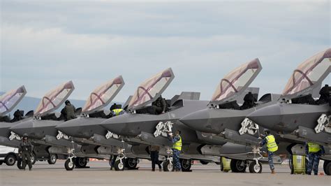F-35s lined up during Red Flag-Alaska at Eielson AFB