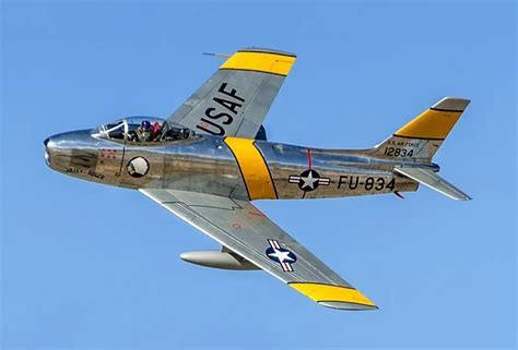 F-86 Sabre showcasing swept wing in level flight