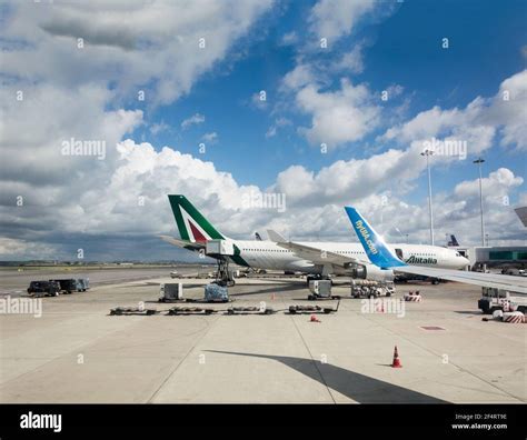 Fiumicino runway with aircraft preparing for transatlantic departure