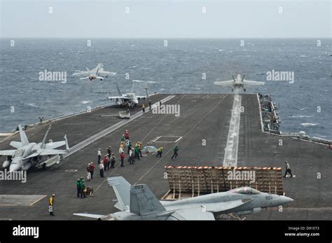 Fleet of F/A-18 Super Hornets on an aircraft carrier deck