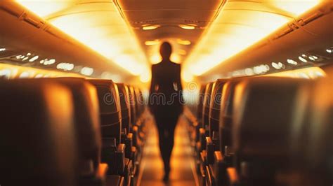 flight attendant walking through dimly lit aircraft cabin during overnight flight
