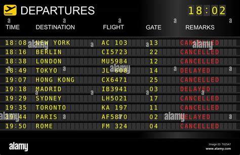 flight departure boards showing delays across multiple international flights
