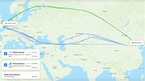 Flight map showing extended routes from Europe to Asia avoiding Russian and Iranian airspace