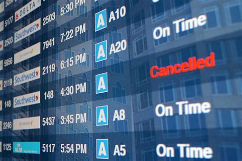 flight schedule board showing multiple cancellations at major US airport