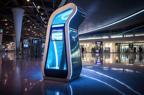 futuristic AI-driven airport kiosk with holographic interface and biometric scan