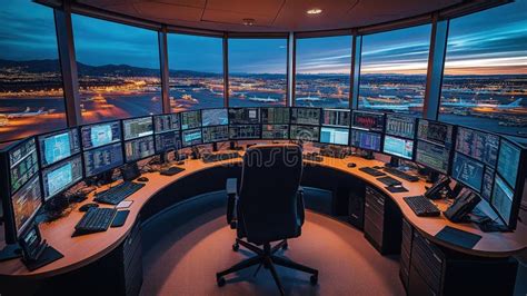 futuristic air traffic control center digital screens real time synchronized flight data operators
