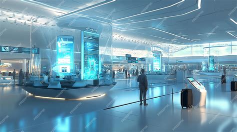 futuristic airport terminal with AI luggage surveillance cameras