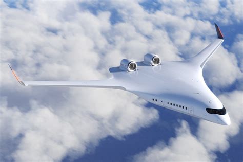 futuristic blended wing passenger jet on runway