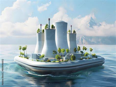 futuristic floating nuclear power plant concept near coastal infrastructure