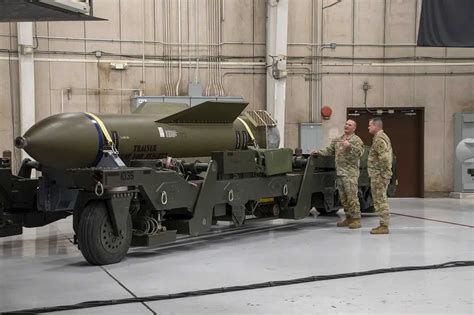 gbu-57 massive ordnance penetrator loaded onto stealth bomber before launch