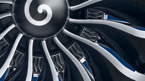 GE9X engine close-up showing giant composite fan blades