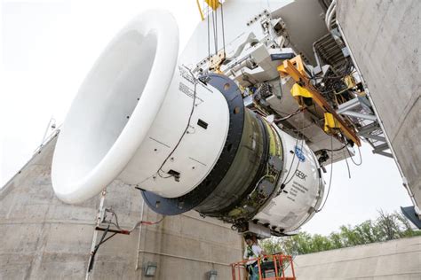 GE9X turbofan with composite fan blades and high-pressure core section during ground testing