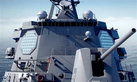 German naval command center simulation with Aegis interface and SPY-6 radar tracking overlay
