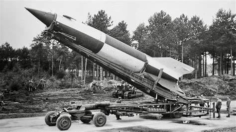 German V-2 rocket with black and white checkerboard flight tracking markings
