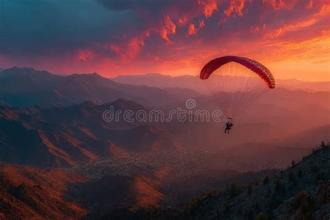 glider soaring over mountainous terrain at sunset