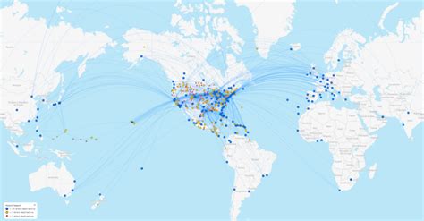 global air route map highlighting major commercial airline hubs and traffic flows