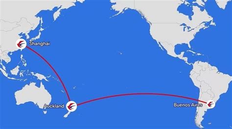 global flight route map Shanghai Auckland Buenos Aires ultra long haul path over Pacific Ocean