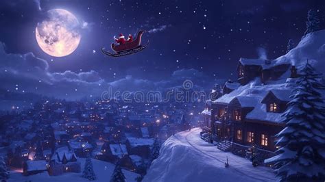 glowing sleigh silhouette flying over a snow-covered town under a starlit sky