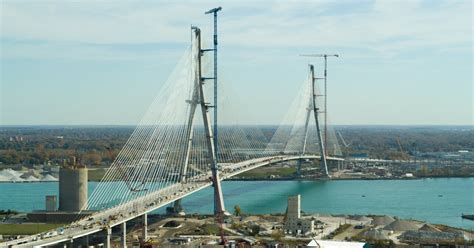 Gordie Howe International Bridge cable-stayed towers over Detroit River