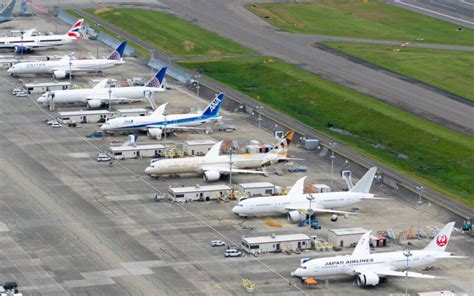 Grounded Boeing 787 aircraft awaiting inspection at Charleston facility