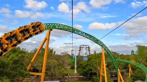 helicopter above Busch Gardens Tampa Bay with roller coasters in background