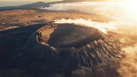 Helicopter flying above Mount Waialeale’s misty crater at sunrise