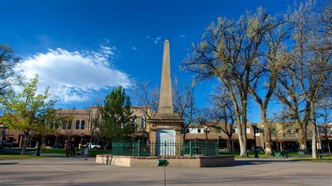 historic downtown santa fe plaza with art galleries and adobe buildings