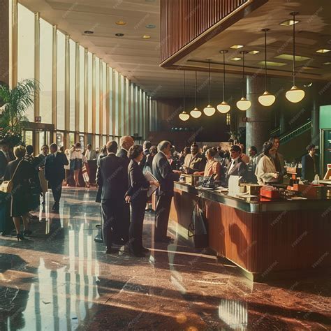 Hotel front desk at night with guests checking in after flight delay
