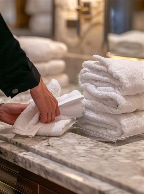hotel housekeeper arranging towels and toiletries in a luxury bathroom