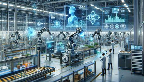 human aerospace engineers working with AI robotics and advanced sensing systems inside aircraft factory