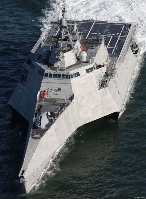 Independence-class USS Coronado at sea trials showing trimaran hull design