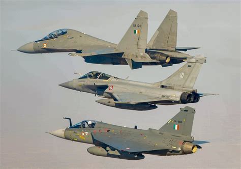 Indian Air Force fighter lineup including Rafale and Tejas on airbase