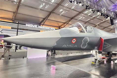 Indian AMCA concept on runway with electronic warfare pods