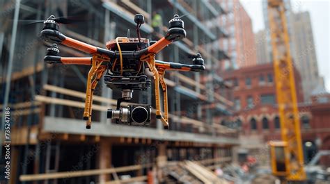 Industrial heavy lift drone in flight over a construction site
