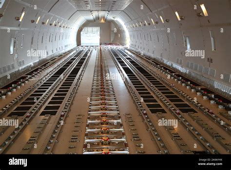 Interior cargo hold of Boeing 747-8F during loading operations