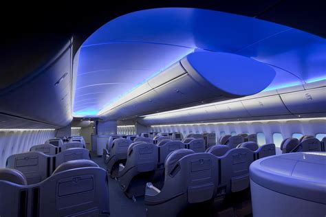 Interior of Boeing 777X with redesigned cabin and ambient ceiling lighting