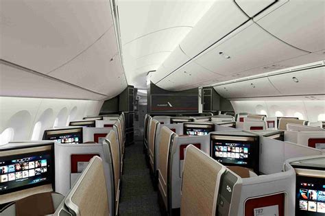 interior view of american airlines 787-9p cabin with flagship business and reduced crew in action