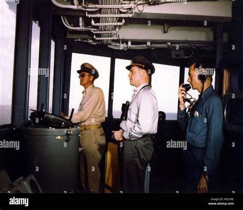 Interior view of USS Missouri bridge with preserved vintage radar and navigation instruments