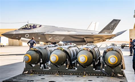 Israeli airbase ground crew loading JDAM bombs onto F-35Is prior to northeast Iran mission, March 2024