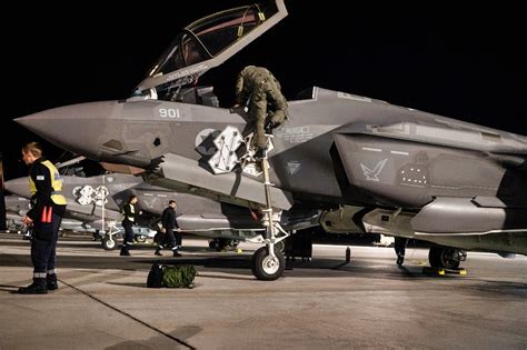 Israeli F-35I Adir taxiing with open weapon bay doors at dusk