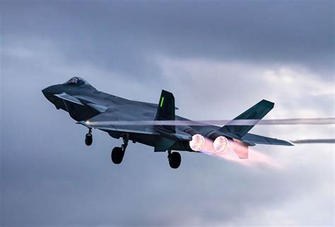 J-20 stealth fighter taxiing on runway at dusk with active-duty markings