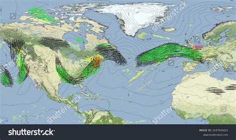 Jet stream map over the North Atlantic with commercial flight paths highlighted