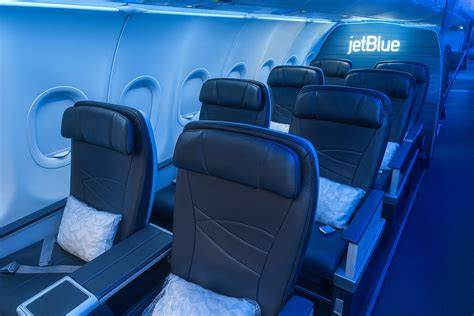 JetBlue BlueFirst premium recliner seat inside Airbus A320 cabin