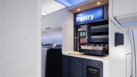 jetblue pantry snack station on transatlantic flight with complimentary snacks and drinks