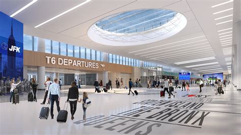 JFK Terminal 6 interior design with modern security checkpoints and glass departure hall